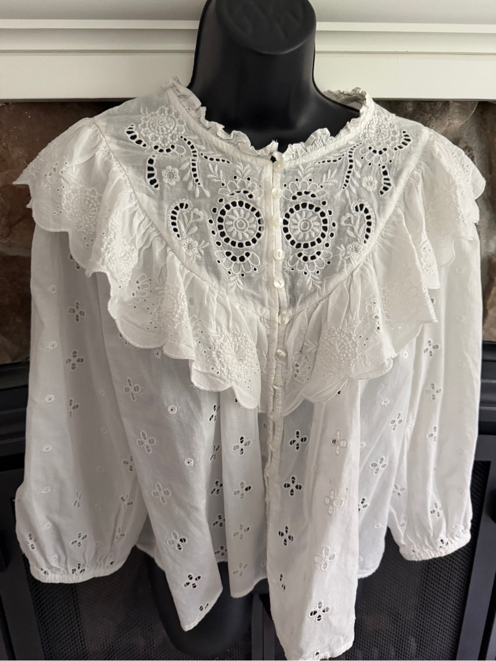 Primark White Eyelet Ruffle Button-Up Blouse